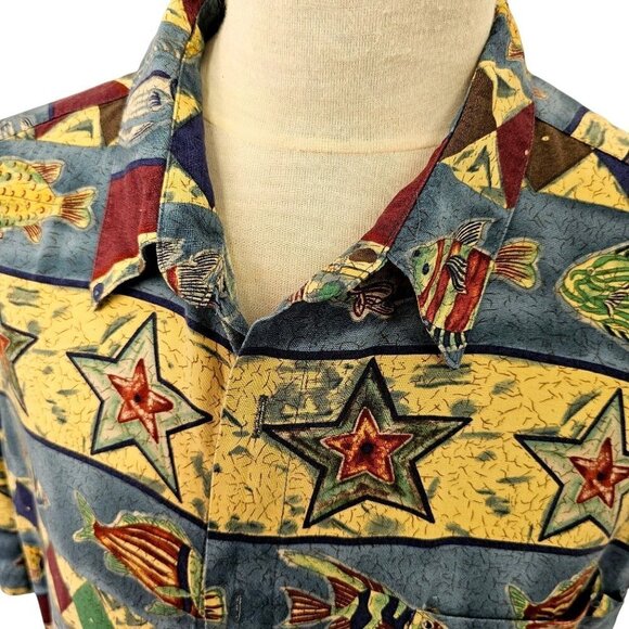 80s-90s Pierre Cardin Hawaiian Shirt Fish Pattern Collared Mens 2XL Blue Multi - Picture 4 of 10